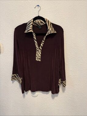 Kiara Deep Brown Blouse with Zebra-Print Trim